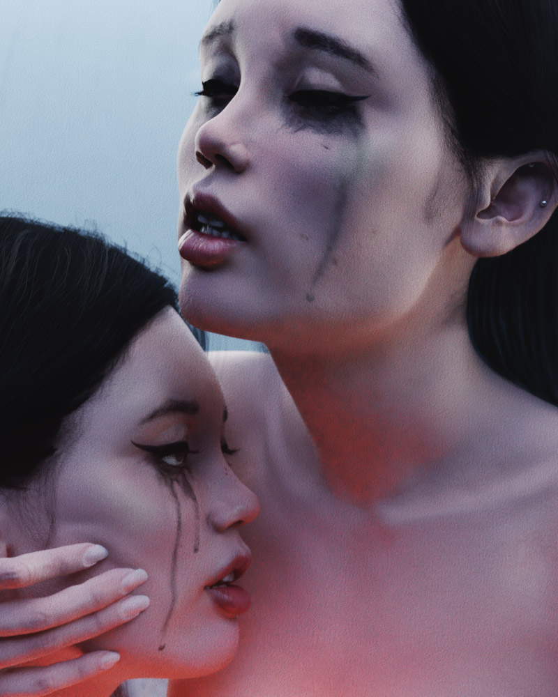 Two women are captured in a close embrace. Both have tearful eyes and are depicted in a soft muted color palette.
